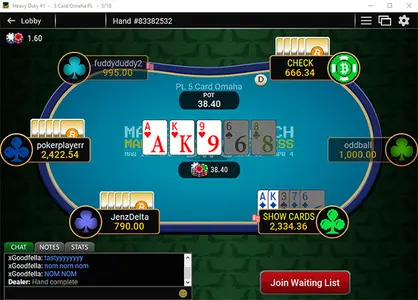 A digital screenshot of an online poker table showing a game of 5 Card Omaha.