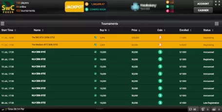 SWC Poker tournament lobby with scheduled tournaments, buy-ins, and prize pools.
